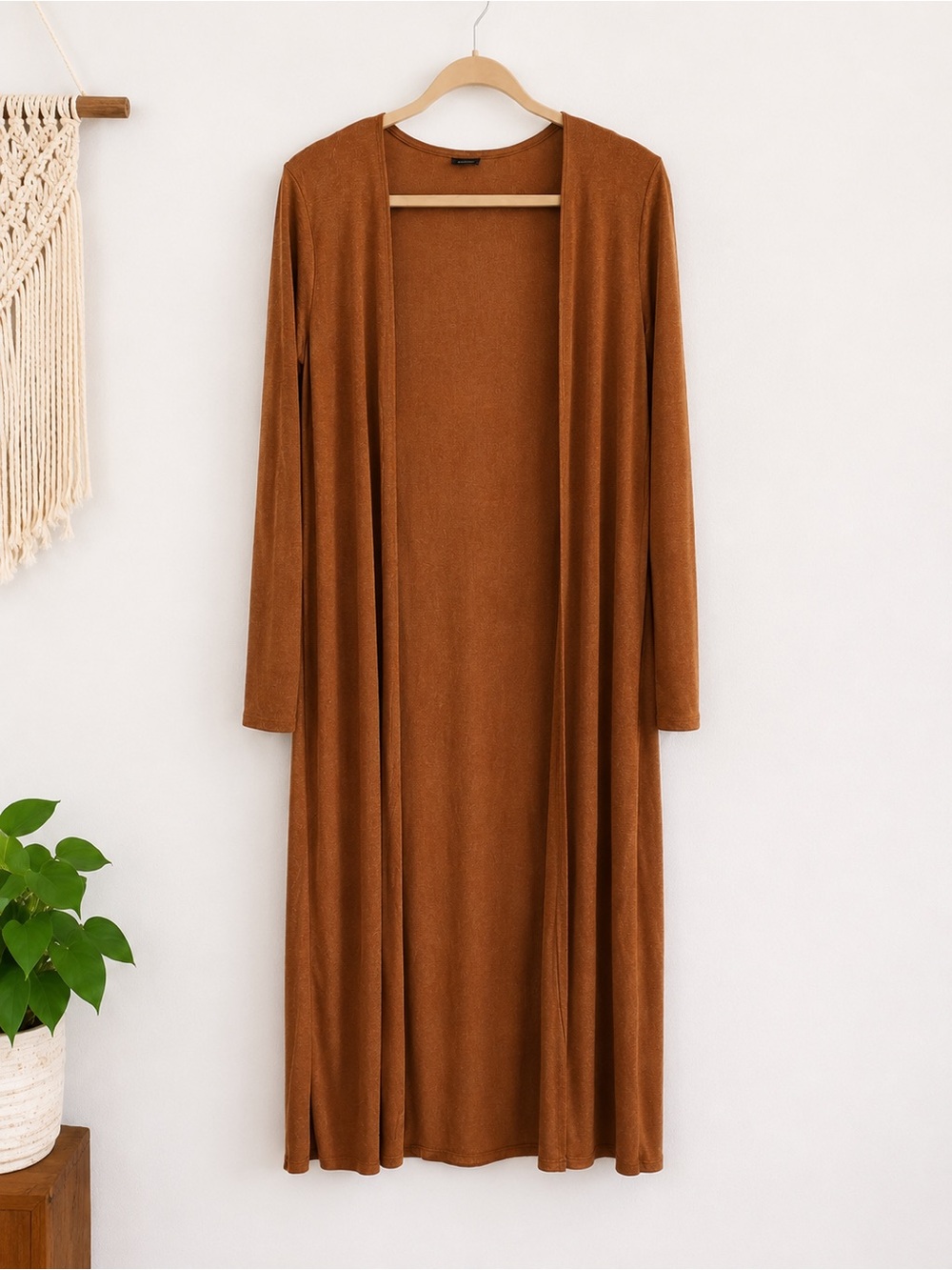 Blanc Clothing Cognac Brown Ribbed Open Front Duster Cardigan - Large